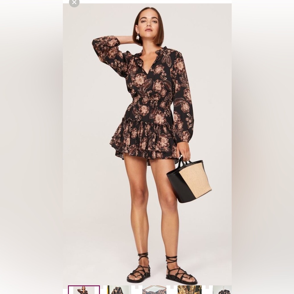 MISA LOS ANGELES Brown Black Long Sleeves Lorena Colombe Floral Mini Dress XL